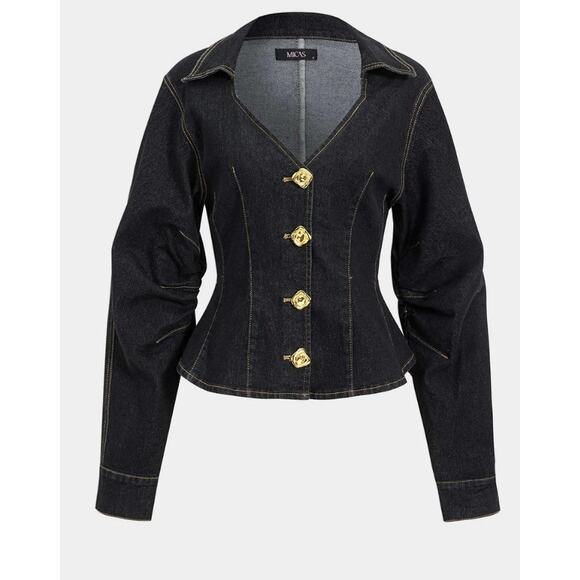 Micas Structured Denim Jacket with Gold Buttons – Dark Wash – Size XL - Picture 1 of 5